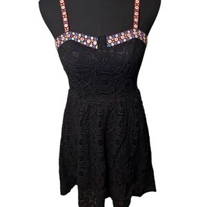 Xhilaration Black Lace Pattern Dress with Blue and Red Accents